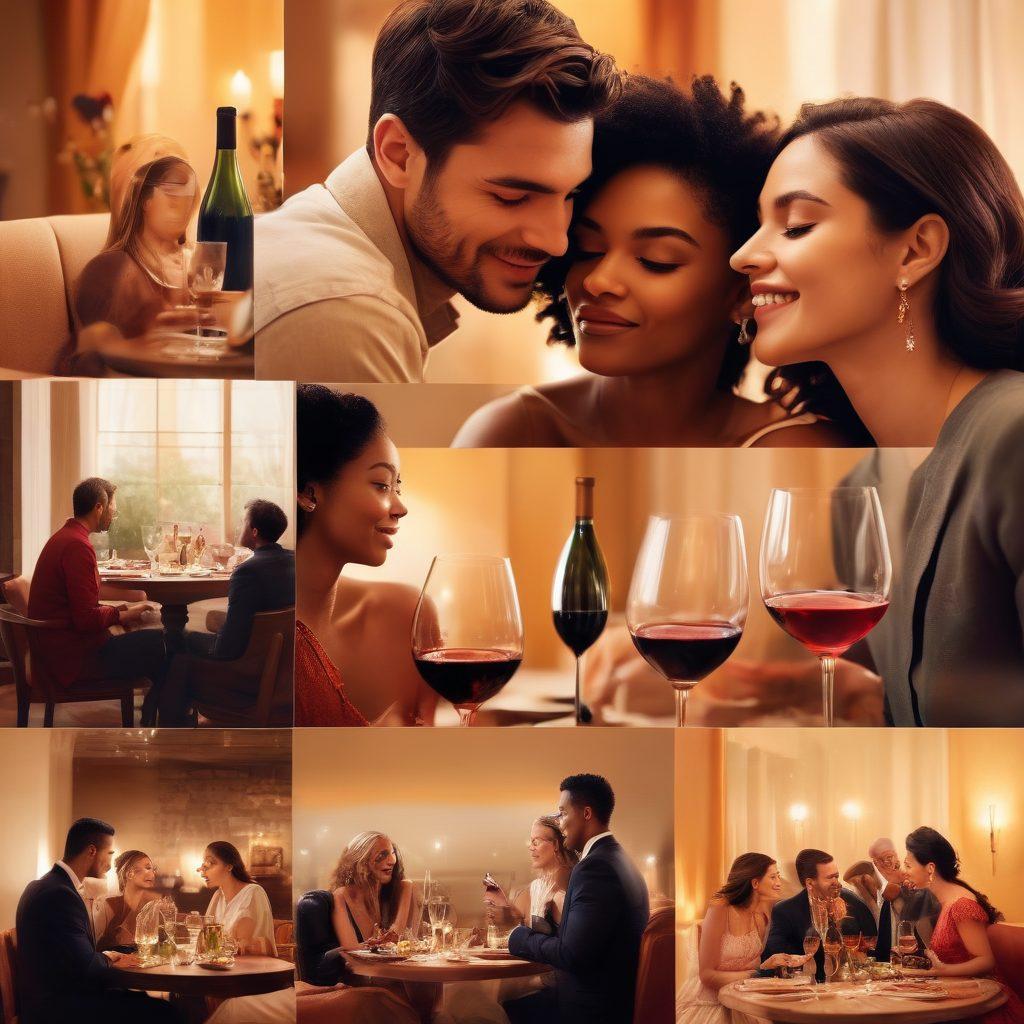 A vibrant collage of diverse couples engaging in intimate moments, radiating joy and connection, set against a softly lit background. Include elements symbolizing maturity and sophistication such as fine wine, soft seating, and tasteful decor. The couples should represent different cultures and backgrounds, showcasing a celebration of love and pleasure. super-realistic. warm colors. soft focus.